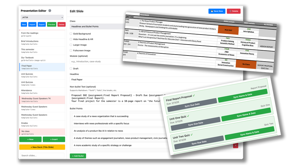 Screenshots of two of the editing screens in a CMS/LMS tool and a sample section of a course calendar that is one of the outputs of the tool